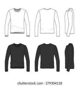Men's clothing set in white and black colors. Front, back and side views of blank tee. Casual style. Vector illustration for your fashion design. 