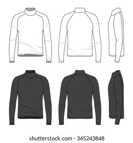 Ropa masculina de color blanco y negro. Vistas frontal, trasera y lateral de tee en blanco con manga raglan. Estilo casual. Ilustración vectorial para su diseño de moda. 