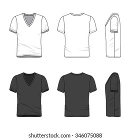 Men's clothing set in white and black colors. Front, back and side views of blank v-neck t-shirt. Casual style. Vector templates for your fashion design. Isolated on white.