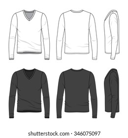 Men's clothing set in white and black colors. Front, back and side views of blank v-neck tee. Casual style. Vector templates for your fashion design. Isolated on white.