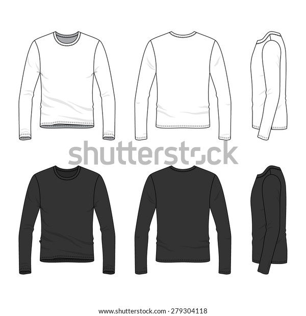 Men\'s clothing set in white and black colors.\
Front, back and side views of blank tee. Casual style. Vector\
illustration for your fashion design.\
