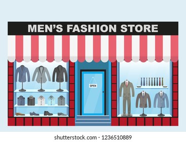 Men's clothing store. Men's fashion boutique clothing and footwear, the interior of the building with a canopy, a glass showcase. Vector illustration. EPS10