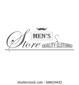 Men's clothing store logo template. Emblem of clothing store on transparent background. Use for clothing shop advertising, banners, web sites. Clothing store badge, icon. Monochrome vector illustration.