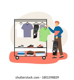 Mens clothing store, rack with clothes and shoes. Male character choosing t-shirt and jeans, flat vector illustration. Menswear fashion boutique, retail business.
