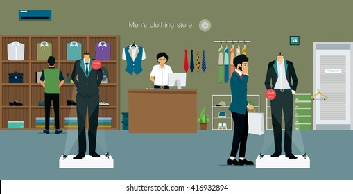 Men's clothing store with salespeople and customers.