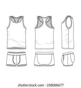 Men's clothing underwear set  in front, back and side views. Blank templates of tank top and underpants. Casual style. Vector illustration for your fashion design. 