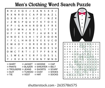 Men's clothing word search puzzle featuring a tuxedo graphic. The puzzle includes words like jeans, cap, shoes, and sweater.