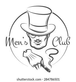 Men's Club logo or emblem. Man in the hat smokes a cigar. Monochrome isolated on white background. Only free font used.