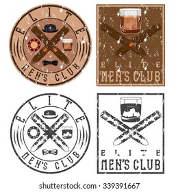 men's club vintage grunge labels with cigars and whiskey glass