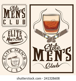 men's club vintage labels with cigars and whiskey glass