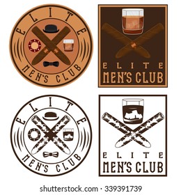 men's club vintage labels with cigars and whiskey glass