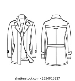 Men's coat, warm winter trench coat single-breasted with side pockets. Outerwear jackets technical fashion illustration. Flat coat template front and back view.