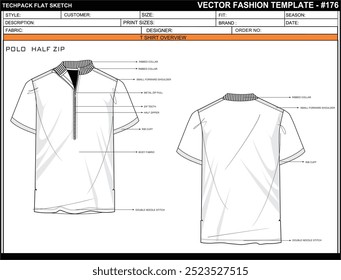 MENS COLLAR CENTER ZIP TEE FLAT SKETCH FASHION TEMPLATE TECHNICAL ILLUSTRATION