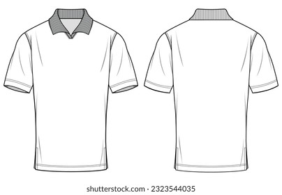 Camiseta de cuello de los hombres T con barquillo de costura dibujo plano ilustración de la moda maqueta maqueta maqueta maqueta arriba con vista frontal y trasera. 