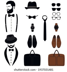 Colección masculina. Caballero está listo. Zapatos, corbata, bolsa y sombrero. Ilustración vectorial.