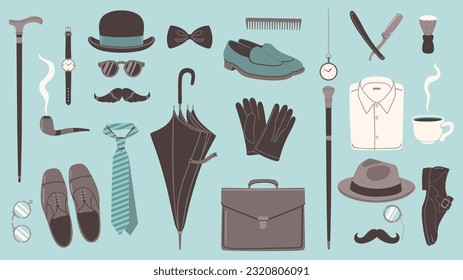 Men's collection in retro style. Gentleman's accessory set. Vector graphics