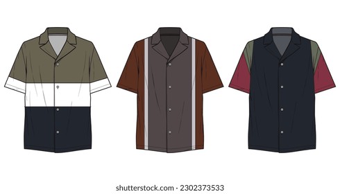 Men's color block Resort Shirt, Notched Collar Short Sleeve Shirt, Lapel Collar Shirt Set Fashion Illustration, Vector, CAD, Technical Drawing, Flat Drawing, Template, Mockup.