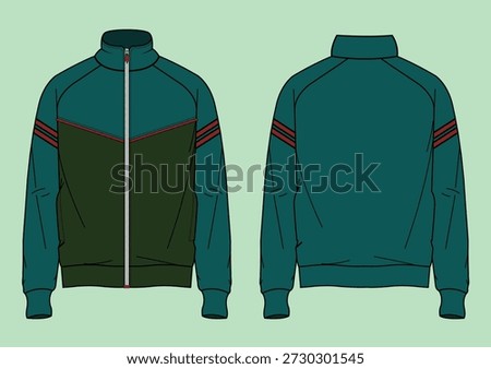 Men's Color block Track Jacket Technical Flat Sketch - Sporty Zip-Up Outerwear