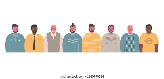 Men's community. Male solidarity. Stronger together concept. There are men of different races, different ages in the picture. People icons. Vector illustration.