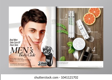 Men's cosmetic magazine template, handsome model with shaver and skincare products on wooden table, in 3d illustration