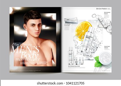 Men's cosmetic magazine template, skincare products with splashing liquid and handsome model in 3d illustration