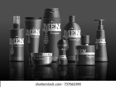 Mens cosmetic series in black containers with brand identity realistic composition on dark background vector illustration