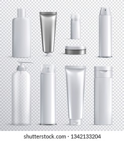 Mens cosmetics bottles transparent realistic icon set with transparent background for liquid spray shampoo or skincare vector illustration
