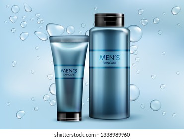 Mens cosmetics products line 3d realistic vector advertising mockup. Skincare cream, shampoo, shaving foam or lotion plastic tube, glass bottle illustrations on gradient background with water bubbles