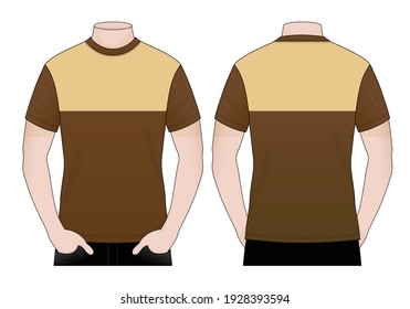 Men's Cream-Brown Short Sleeve T-Shirt Design on White Background. Front and Back View, Vector File.