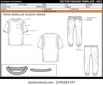 MENS CREW NECK SHORT SLEEVE FLAT SKETCH FASHION TEMPLATE TECHNICAL DRAWING ILLUSTRATION