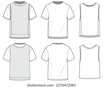 Men's Crew neck T Shirt and Sleeveless tank top flat sketch fashion illustration drawing template mock up with front and back view, Active sports round neck t-shirt vector template