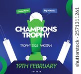 Men's Cricket Champions Trophy 2025. Champions Trophy social media post with Trophy, bat, ball on purple background. Vector stock illustration. Cricket World cup tournament. 2025 Cricket Cup