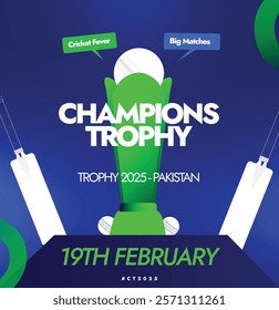 Men's Cricket Champions Trophy 2025. Champions Trophy social media post with Trophy, bat, ball on purple background. Vector stock illustration. Cricket World cup tournament. 2025 Cricket Cup