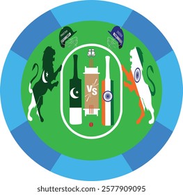   Men's Cricket Champions Trophy 2025  match pakistan vs india Champions Trophy social media post with lion, bat, ball, helmet on white background.illustration.Cricket World cup pak vs ind.eps 10