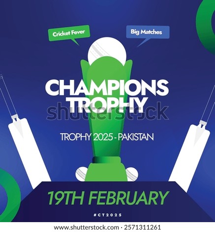 Men's Cricket Champions Trophy 2025. Champions Trophy social media post with Trophy, bat, ball on purple background. Vector stock illustration. Cricket World cup tournament. 2025 Cricket Cup