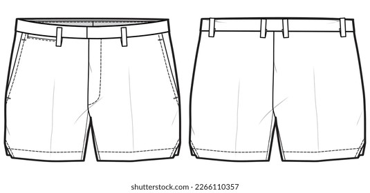 Men's cropped chino shorts design flat sketch fashion illustration with  front and back view. twill Shorts cad drawing vector template