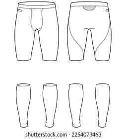 Men's cycling shorts with compression leggings inner tight shorts design front and back view flat sketch fashion illustration drawing, Tights short with calf compression band sketch cad drawing