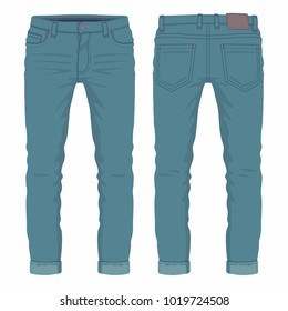 Men's dark blue jeans. Front and back views on white background