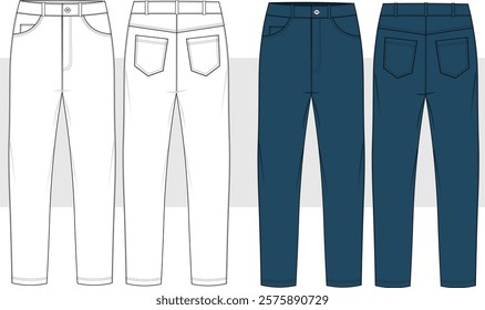 Men's denim blue jeans trouser pants fashion drawing,  front and back view, flat sketch fashion illustration, pockets denim pants vector template, CAD, mockup. 