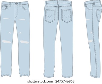 Mens Denim Jean Pants Rough Style Flat Design Front, Back and Side view Tech Pack