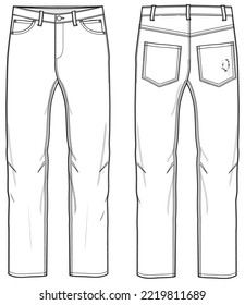 Men's denim jeans trouser pants front and back view flat sketch fashion illustration, five pockets denim pants vector template