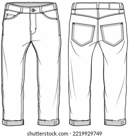 Pantalones de pantalones vaqueros vaqueros vaqueros vaqueros vectores de cara y de atrás para los hombres dibujo plano ilustración de moda, cinco bolsillos denim pantalones plantilla vectorial