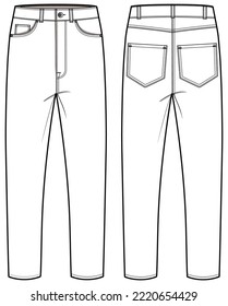 Men's denim jeans trouser pants front and back view flat sketch fashion illustration, five pockets denim pants vector template