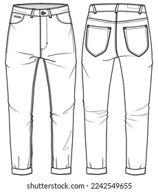 Herren-Jeans-Hosen mit Vorder- und Rückseite, flache Sketch-Modegrafik, fünf Taschen mit denim Hosen, Vektorvorlage