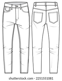 Men's denim jeans trouser pants front and back view flat sketch fashion illustration, five pockets denim pants vector template