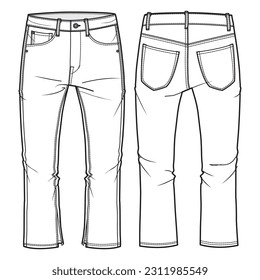 Pantalones de pantalones vaqueros vaqueros vaqueros vaqueros de los hombres vista frontal y posterior dibujo plano ilustración de la moda, cinco bolsillos recorte de botas pantalones vectores