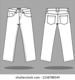 Men's Denim Long Pant fashion flat sketch template. Mens Trousers Technical Fashion Illustration. Front and Back View Vector File.