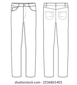 Men's Denim Long Pant fashion flat sketch Fashion pant jeans Illustration template.	