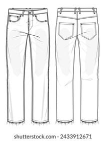 Men's denim raw hem jeans trouser pants front and back view flat sketch fashion illustration, five pockets rip denim pants vector template