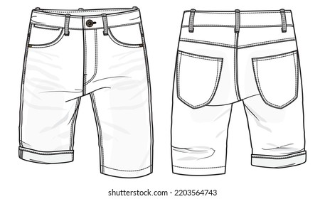 mens denim shorts flat sketch vector illustration front and back view template. cad mockup.